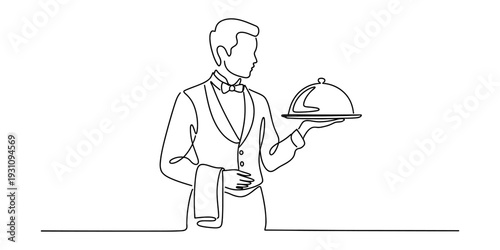 Continuous line drawing of a professional waiter holding a silver tray with a cloche Vector, illustration