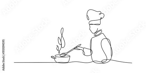 Minimalist continuous line drawing of a professional chef stirring a pot in the kitchen. Vector, illustration