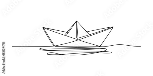 A minimalist line drawing of a paper boat floating on a calm water surface Vector, illustration