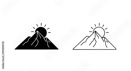 Mountain peaks under sunrise in black and white line art Vector