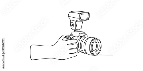 A minimalist continuous line drawing of a hand holding a professional dslr camera with flash. Vector, illustration