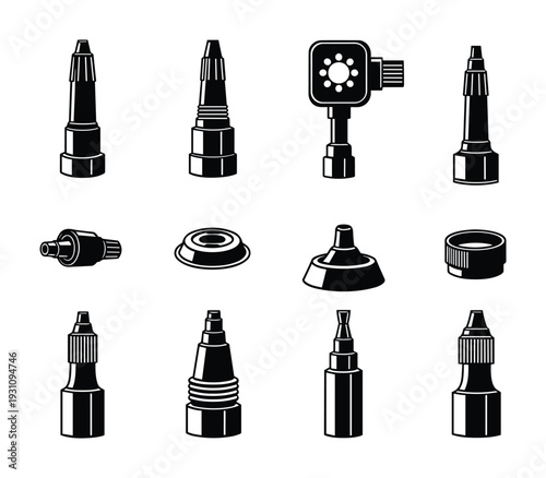 Valve stem extenders vector illustration, bicycle tire inflator adapters collection. Tire inflator valve accessories.