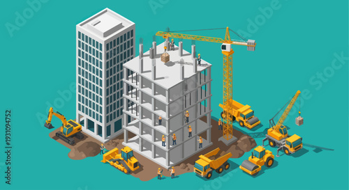 Isometric Construction Site with Buildings and Heavy Machinery.