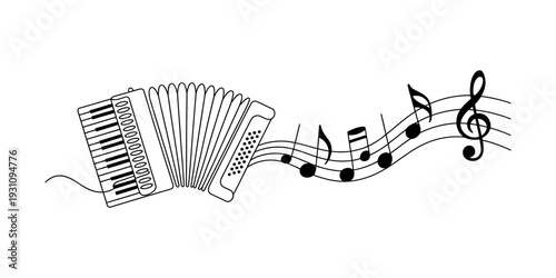 Black and white line drawing of a musical accordion with notes flowing from the bellows Vector, illustration