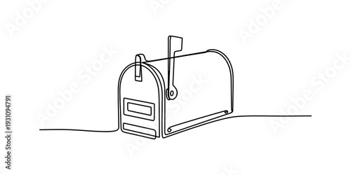 Continuous one line drawing of a classic mailbox with the flag up on a white background. Vector, illustration