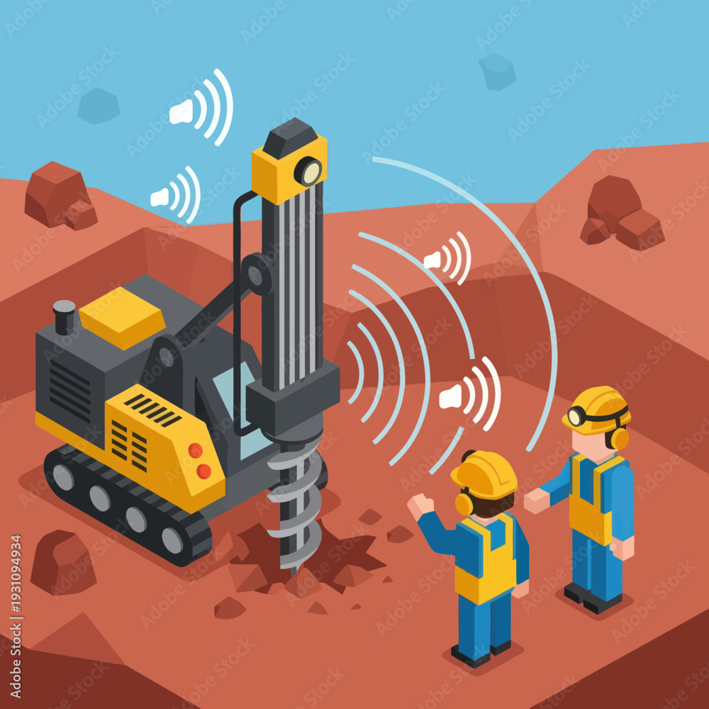 Fototapeta premium Construction Workers Operating Drilling Machine.