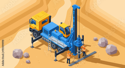 Isometric drilling rig with workers performing geological exploration.
