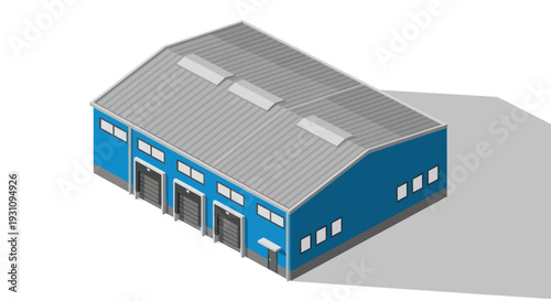 Isometric illustration of a blue industrial warehouse building with loading docks.