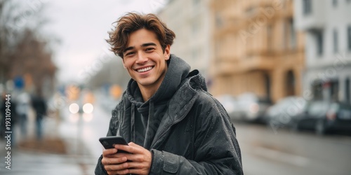 Young man smiling while holding smartphone outdoors in urban street with blurred background, showcasing casual fashion and modern lifestyle in city setting