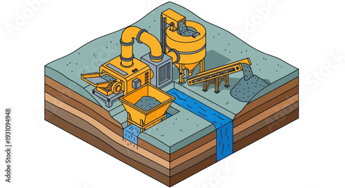 Isometric illustration of a mining and processing plant with a river.