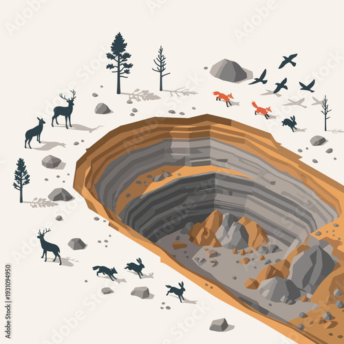 Geological Canyon Layers with Wildlife Scene.