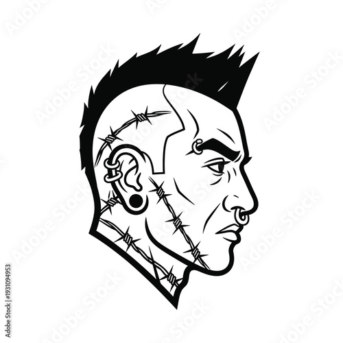 Rebellious Barbed Wire Punk Head with Mohawk and Piercings - Vector Illustration