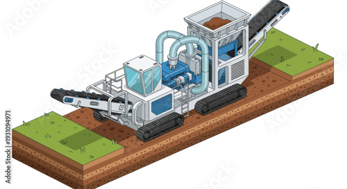 Isometric illustration of a modern industrial rock crushing machine.