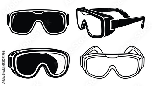 Vector illustration of goggles in various perspectives. Black and white outline drawing of protective eyewear.