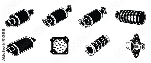 Vector illustration set of automotive exhaust system parts in black and white