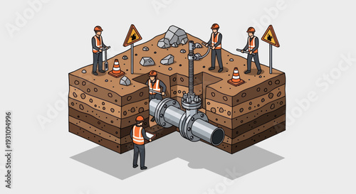 Isometric illustration of construction workers repairing underground pipeline.