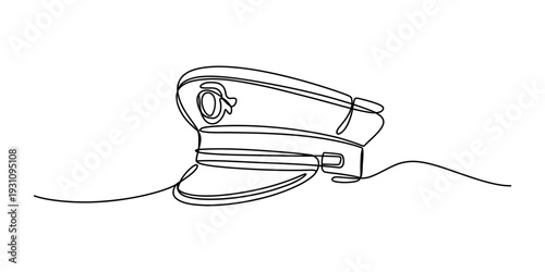 Continuous line drawing of a captain's peaked cap or pilot's hat on a white background. Vector, illustration
