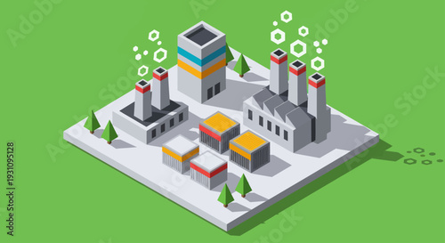 Isometric Industrial Factory Complex with Smokestacks and Storage Units.