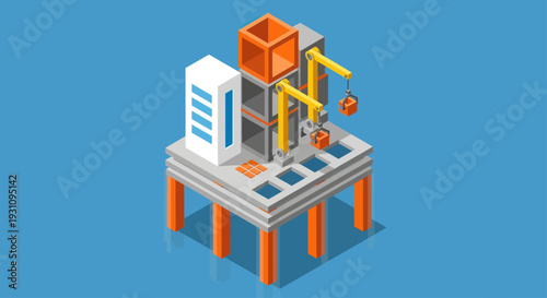 Isometric industrial factory with automated machinery and robotic arms.
