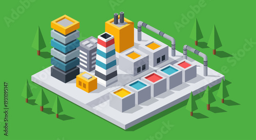 Isometric Industrial Factory with Colorful Tanks and Tall Buildings.