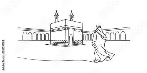 Line drawing of a muslim pilgrim looking at the holy kaaba in mecca saudi arabia. Vector, illustration