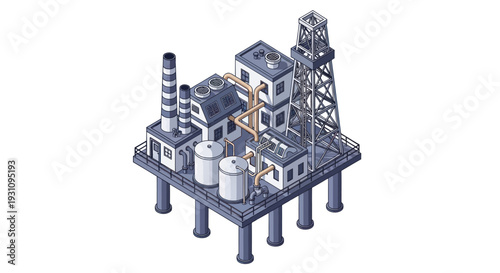 Isometric Industrial Oil Rig Platform with Buildings and Towers.
