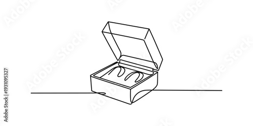 Continuous line drawing of an open gift box with a lid showing a simple minimalist design Vector, illustration