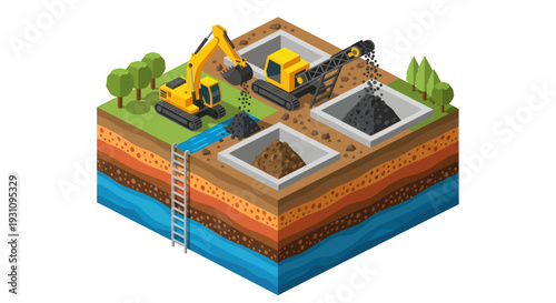Isometric Mining Site with Excavators and Resource Extraction.