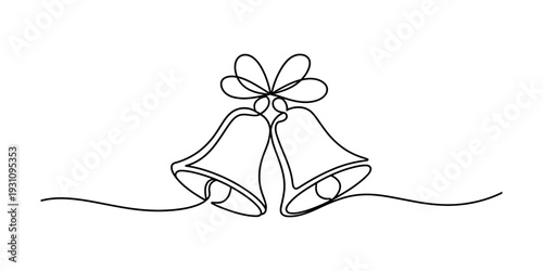 Continuous line drawing of two christmas bells with a ribbon bow on a white background. Vector, illustration