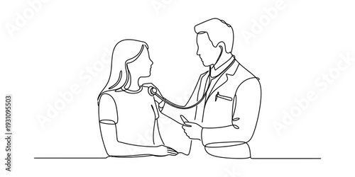 Continuous line drawing of a male doctor using a stethoscope to examine a female patient Vector, illustration