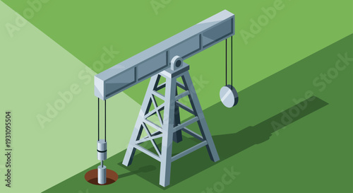 Isometric Oil Pump Jack on Green Field.