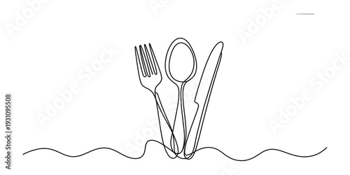 Minimalist continuous line drawing of a fork, spoon, and knife representing a dining set. Vector, illustration