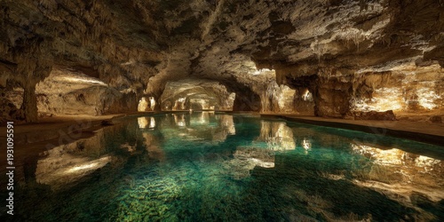 Stunning underground cave with illuminated rock formations and reflective water surface creating a mesmerizing natural light display