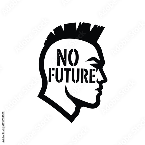 "NO FUTURE" Punk Rock Mohawk Head Silhouette Icon - Anti-Establishment Youth Rebellion Symbol