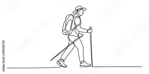 Continuous line drawing of a male hiker with backpack and walking sticks trekking on a path Vector, illustration