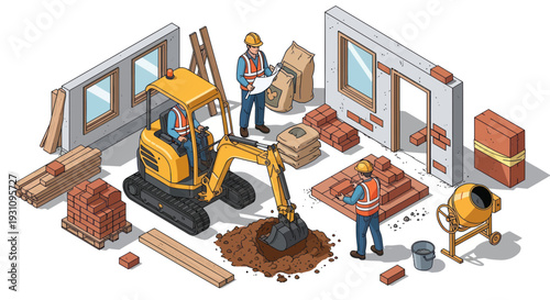 Construction site with excavator, workers, building materials, and tools, isometric view.