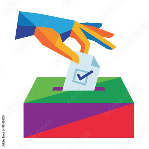 Democratic Choice: A brightly colored, artistic rendering captures a hand casting a ballot into a voting box, symbolizing the core concept of free and fair elections.
