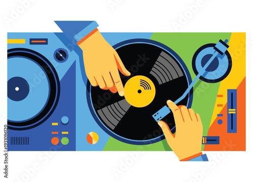 Rhythmic Art of Turntablism: An artistic illustration of hands expertly manipulating the controls of a record player, creating a symphony of sounds.