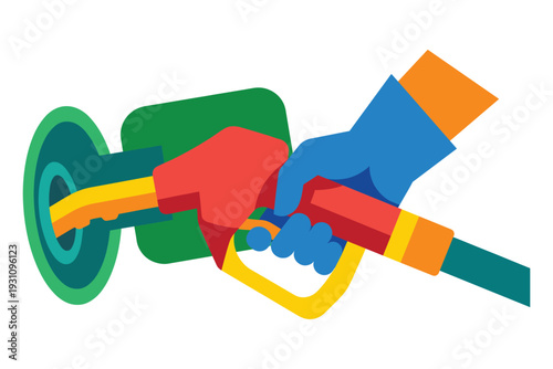 Fueling Up: A vibrant illustration depicts a hand gripping a fuel pump nozzle, inserting it into a vehicle's fuel tank, highlighting the concept of refueling.