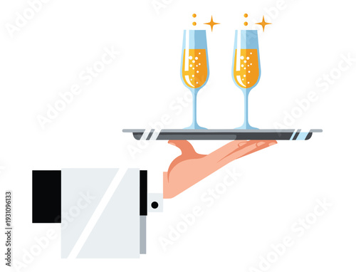 Celebratory Toast: A poised hand presents a tray bearing two champagne flutes, sparkling with effervescence, symbolizing celebration and sophistication. 