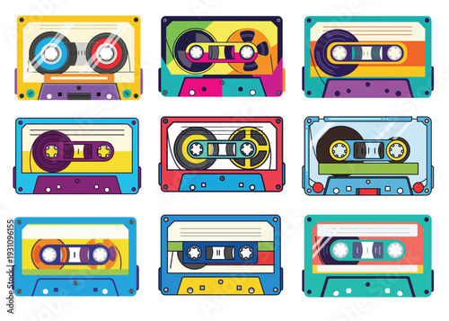 Colorful Cassette Tape Collection: A collection of vibrant cassette tapes, each with a unique design and color scheme, offering a nostalgic trip back to the era of analog music. 