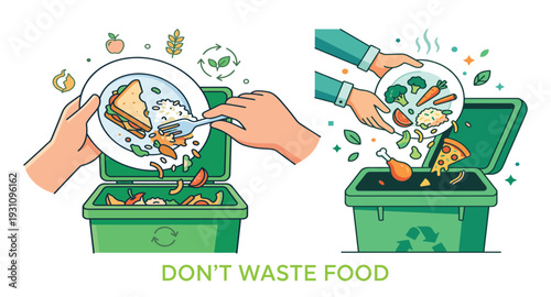 Reduce Food Waste Illustration: A visual narrative highlighting the responsible handling of food, depicting the separation of edible portions from leftovers.