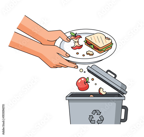 Waste Not, Want Not: A poignant illustration captures the critical issue of food waste. A person meticulously discards leftover food into a recycle bin.