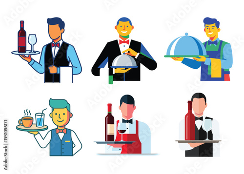 Culinary Professionals: A collection of skilled food service individuals, impeccably dressed and poised, present an array of drinks and meals with elegance.