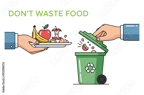 Don't Waste Food: An artistic rendering depicts two hands, one holding a plate of fresh fruit and food scraps, the other opening a waste bin.