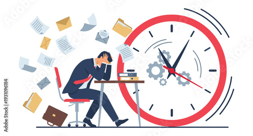 Deadline Distress: A stressed professional grapples with the pressures of an overwhelming workload, symbolizing the challenges of managing time and tasks within the corporate world.