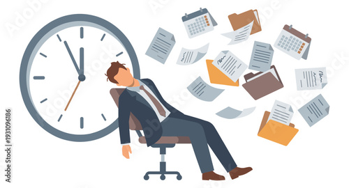 Burnout in Overtime: A weary professional slumps in his chair, burdened by the relentless pressure of time and overflowing work. A symbolic portrayal of the stressful realities of modern office life