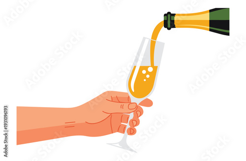 Sparkling Toast: An inviting illustration captures the essence of celebration as a bottle pours a fizzy drink into a slender glass held delicately. A picture to spark anticipation