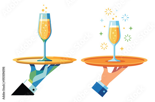 Festive Toast: An elegant champagne flute, brimming with bubbly effervescence, is presented on a golden tray by a gloved hand, exuding an air of sophistication and celebration.