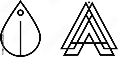 "Minimalist Geometric Letter A Logo Set with Abstract Teardrop Leaf and Interlocking Triple Triangle Designs - Modern Line Art Monogram, Layered Depth Symbol, Clean Vector Brand Identity Elements for 